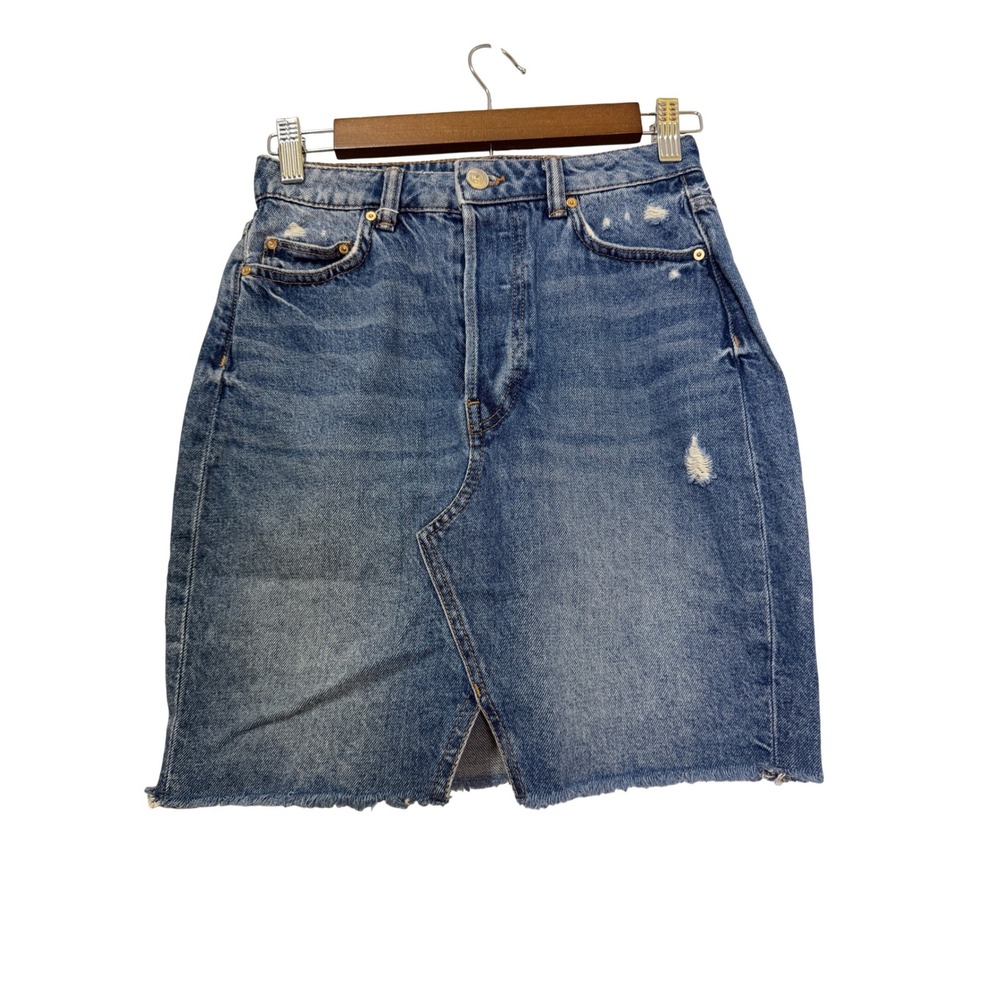 H&M LOGG Blue Distressed‎ Denim Mini Skirt Raw Hem high rise Size     2 boho Y2K